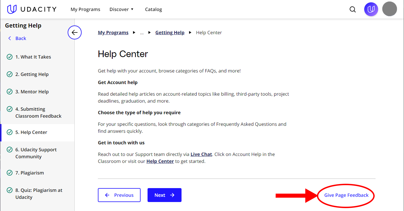 A screenshot highlighting the option to submit the page feedback.