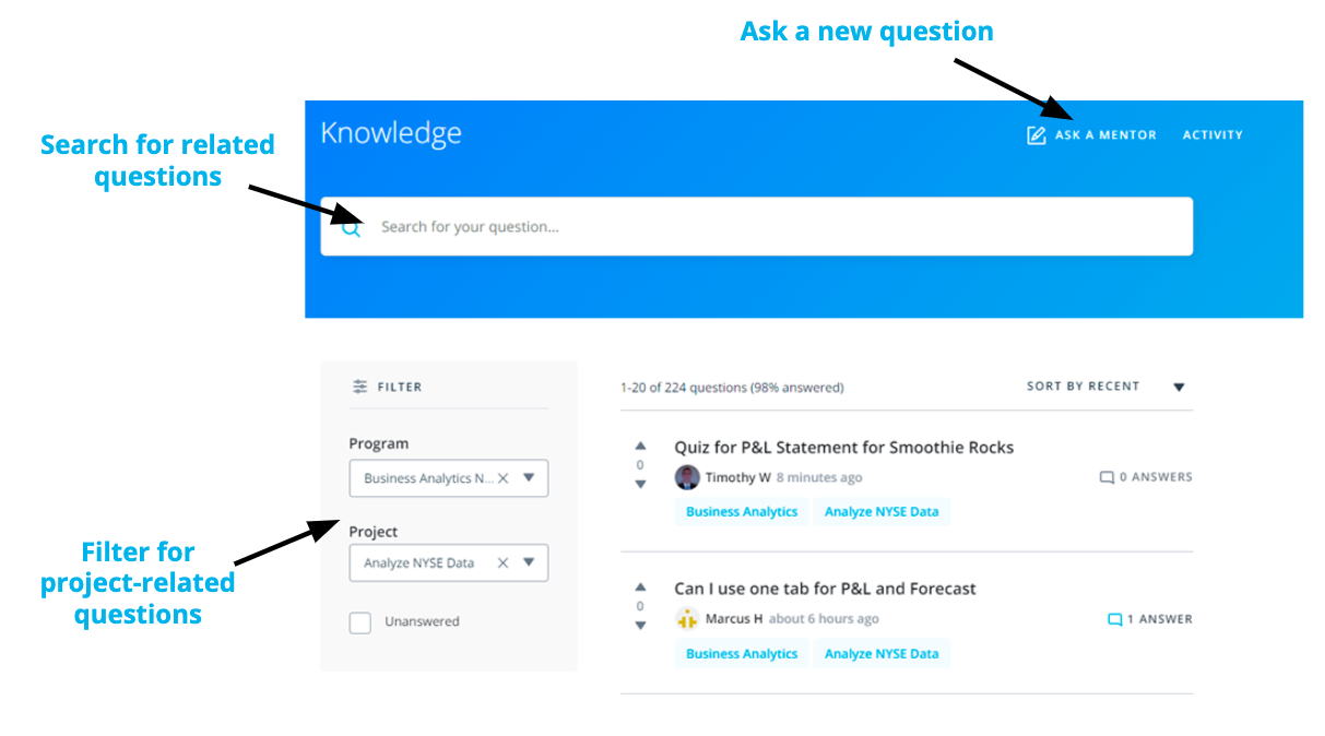 A screenshot highlighting the Knowledge hub platform to chat with mentors on specific threads.